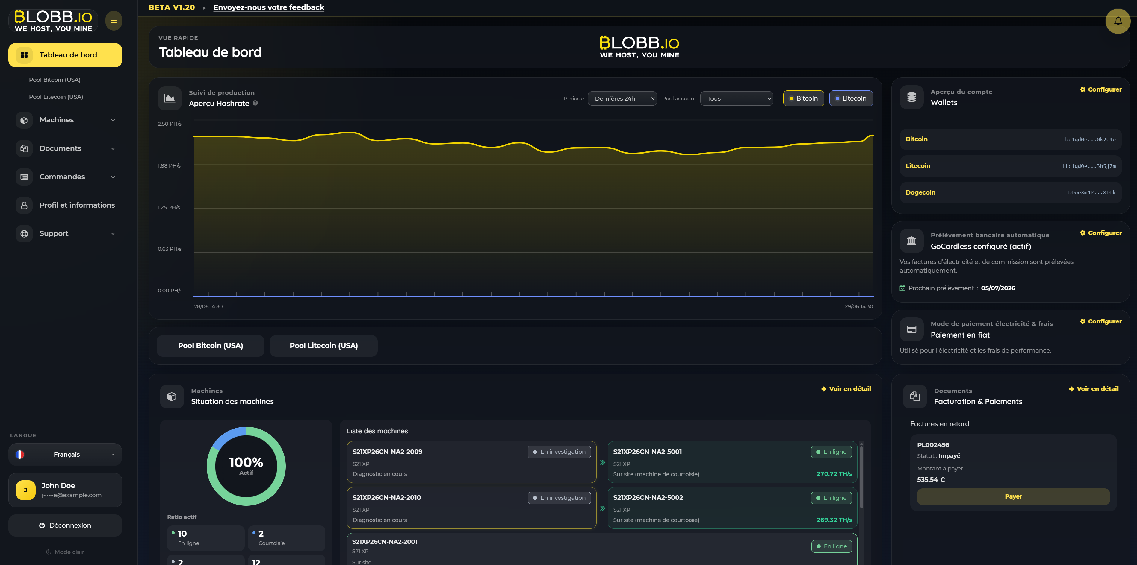 Dashboard client blobb.io : hashrate, workers et production en temps réel
